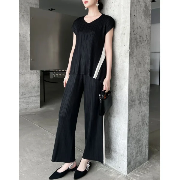 ALSEY High-end Pleated Fashion Irregular Colour Blocking Casual Top Trousers Set Women's Clothing 2025 Summer New Products