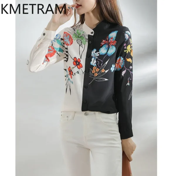 KMETRAM Spring New Real Mulberry Silk Blouse Woman Fashion Floral Tops Long Sleeve Silk Shirt Woman Clothing 2025 Блузка Женская - Image 2