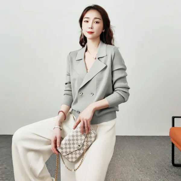 Suit style jacket fashion cardigan wool knit sweater woman top spring clothing womens sweaters korean women knitted white tops v - Image 2