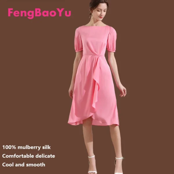 Summer Style Women's 100% Silk Satin Short Sleeve Women's Dress Skirt Mulberry Silk Irregular Design High-end Fashion Clothing