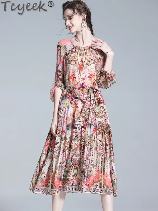Tcyeek Natural Silk Dress Women 100% Mulberry Silk Dresses for Women Clothing Summer Dress Elegant Women's Dresses 2024 Print - Image 5