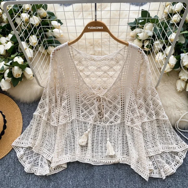 Hollow Hook Flower Thin Knitted Cardigan Women Boho Ethnic Style Long Sleeve Tops Outwear Lace Up Bow clothing Summer