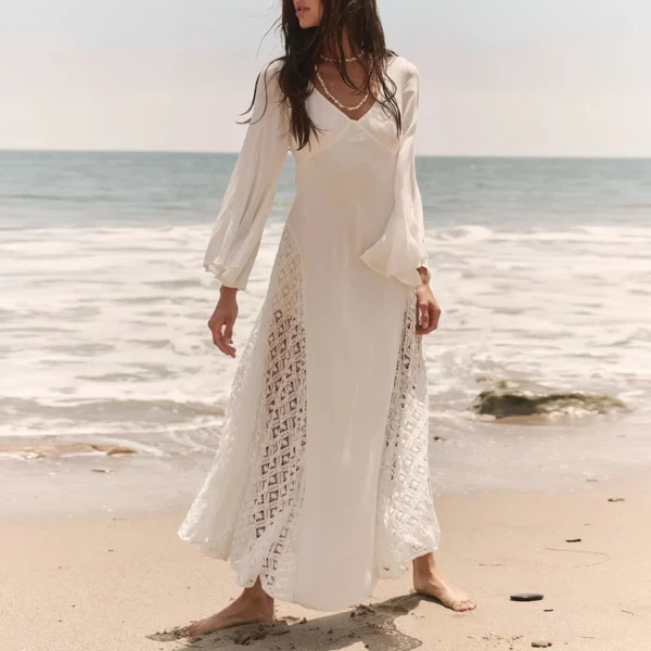 Women Lace Embroidery Crochet Hooks Long Dresses Sexy V Neck Hollow A-Line Party Dress Spring Autumn Flare Sleeve Tie-up Vestido