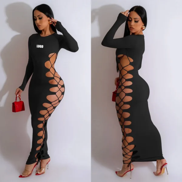 Customized LOGO European and American fashion women's clothing crew neck sexy rope long dress dress
