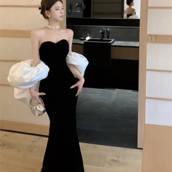 Hepburn style fishtail wrap buttocks with breast femininity line shoulder velvet dress - Image 2