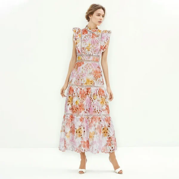 Elegant French Long Skirt 2025 New Style Stand-up Collar Lace Sleeveless Hollow Embroidery Hook Flower Dress for Women - Image 3