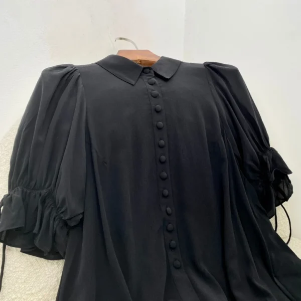 Silk Black Ruffles Turn Down Collar Single Breasted Half Sleeve Blouse Tops Elegant Fashion Women 2024 Spring Summer Clothing - Image 6