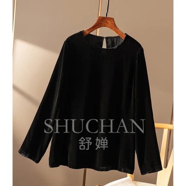 Designer Natural Silk Velvet Crew Neck Long Sleeve Split Shirt Women Blusas De Verano Mujer 2025 shirts for women - Image 4