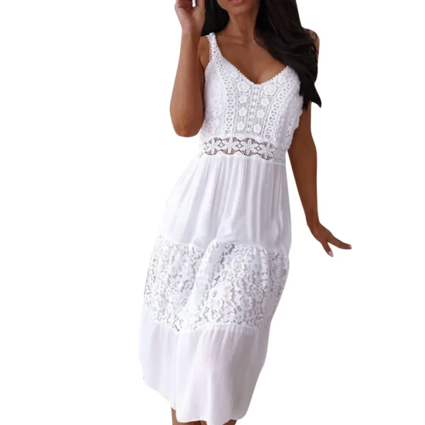 Weeding White Lace Dress Women Summer Casual Sexy Embroidered Appliqué Stitching Spagheti Strap Dress Beach Holiday Ladies Robe - Image 4