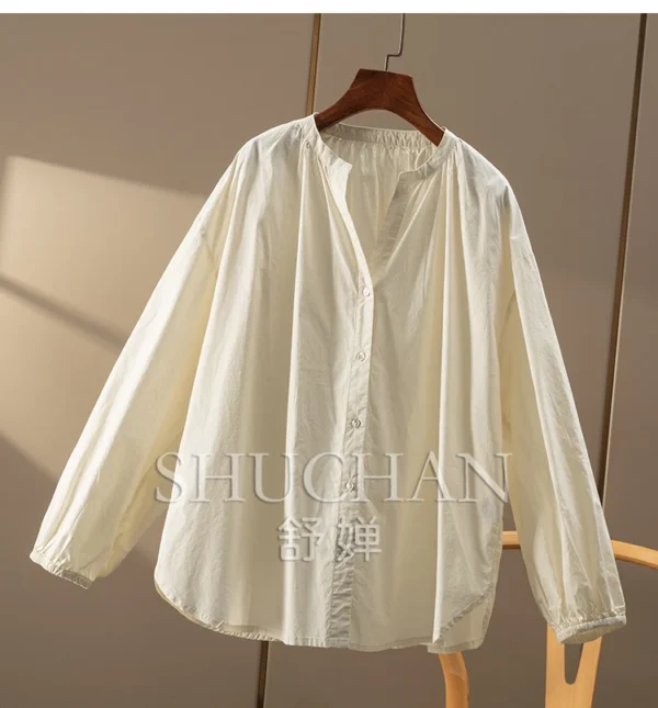 Retro Simple Loose 100% Cotton Small V-Neck Shirt Women's 00B9 Blusas Mujer De Moda 20225 Blouse Women - Image 3