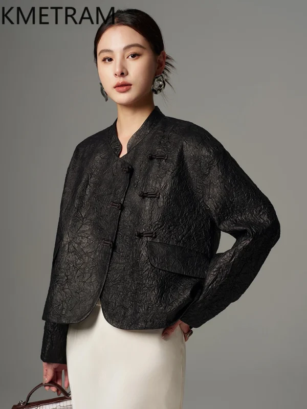 100% First Layer Sheepskin Jacket Women Genuine Leather Short Jackets Handmade Wrinkled Coat 2025 Spring Women Clothing кожанка - Image 2