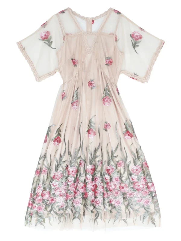 82-90cm Bust Summer Long Dresses For Women Elegant Slim Sex V-Neck Luxury Embroidery Pink Dress Korean Fashion Soft Mesh Dress - Image 6