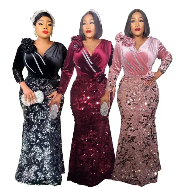 Fashion Velvet African Luxury Evening Long Dresses For Women Autumn Winter High Waist Sexy Bodycon Sequins Weeding Party Dress