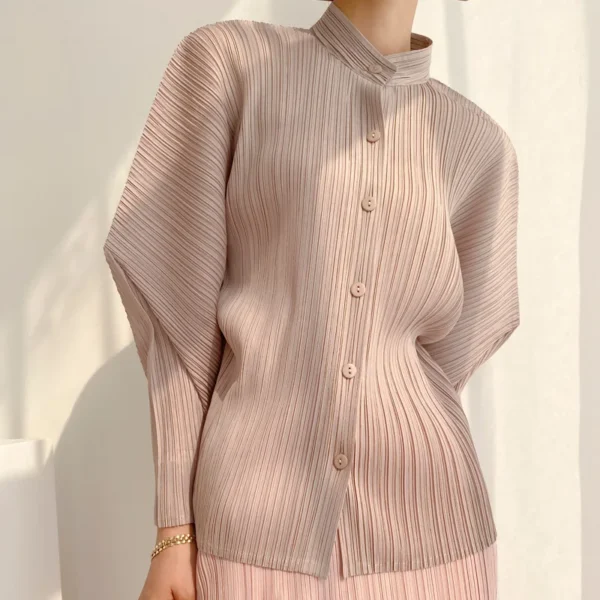 Miyake Pleated Single-breasted Shirt 2025 Summer New High-end Pleated Retro Trend Stand-up Collar Thin Shirt