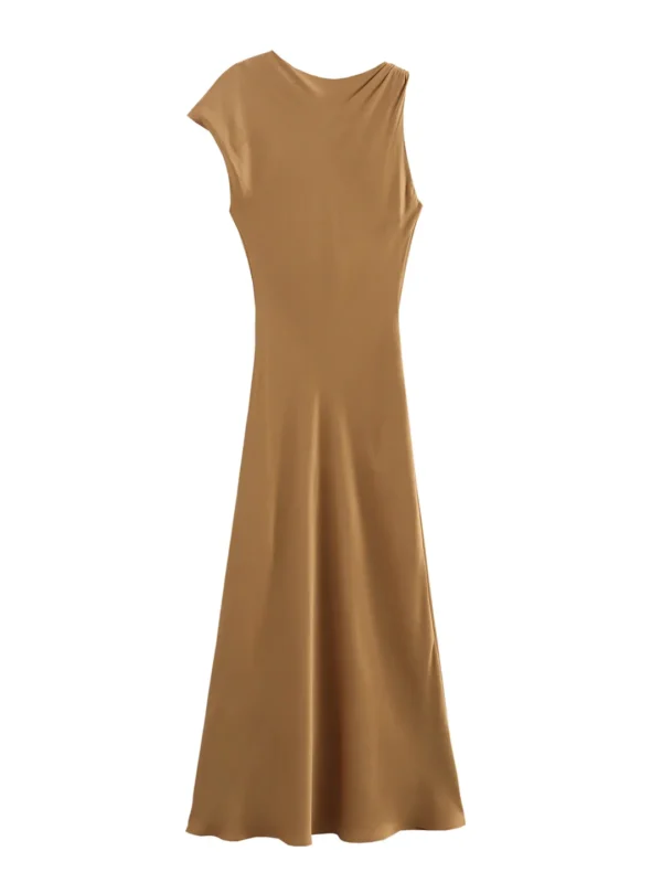 Elegant Satin Midi Dresses For Women 2024 Weeding Guest Occasion Evening Party Dresses Round Neck Asymmetric Sleeve Summer Dress - Image 5