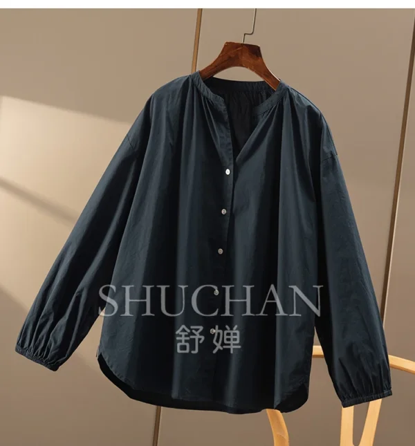 Retro Simple Loose 100% Cotton Small V-Neck Shirt Women's 00B9 Blusas Mujer De Moda 20225 Blouse Women - Image 4