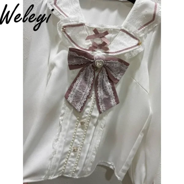 Sweet Camisas De Mujer Fashion Autumn Clothing Mine Long Sleeves Koszule I Bluzki Tops Cute Navy Collar Bow Lace Vintage Poleras - Image 6
