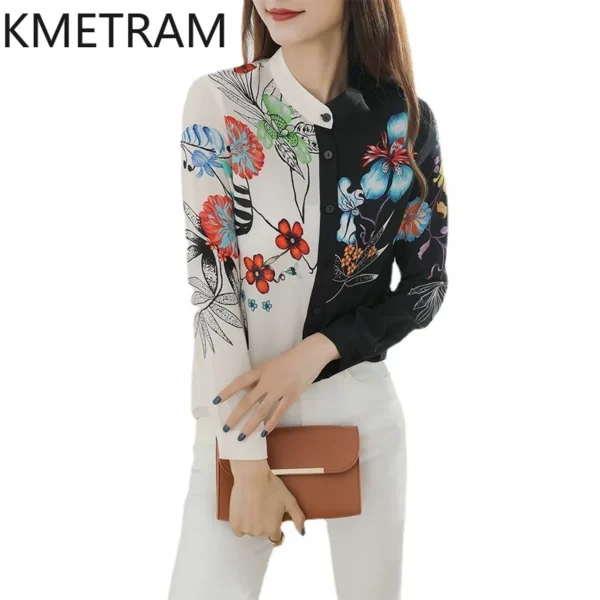 KMETRAM Spring New Real Mulberry Silk Blouse Woman Fashion Floral Tops Long Sleeve Silk Shirt Woman Clothing 2025 Блузка Женская - Image 5