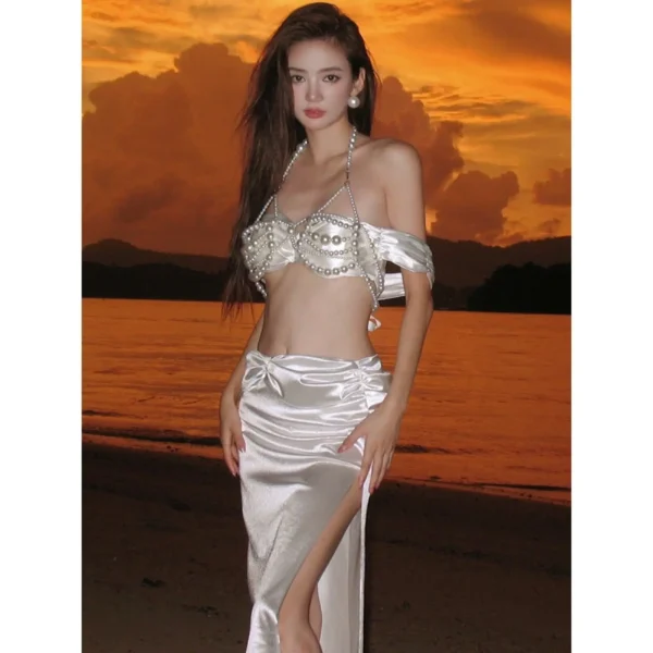 Satin Skirt Swimsuit Senior Sexy Gathering Small Chest Steel Bracket Bikini Hot Spring Beach Vacation Lady - Image 2