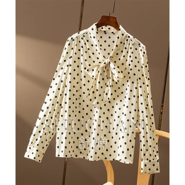 Retro Polka Dot Silk Satin Ribbon Collar Shirt Women 2025 Blouses for Women Fashion Womens Tops and Blouses - Image 2
