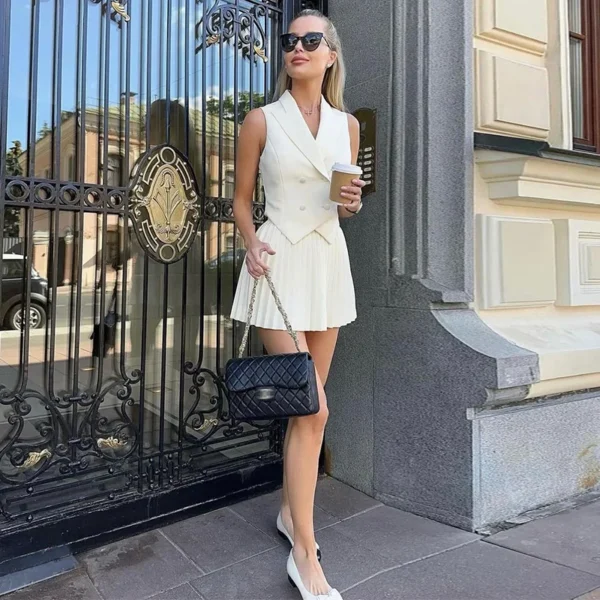 Women's Clothing 2025 Summer New Fashionable Lapel Irregular Top Pleated Skirt Casual Set