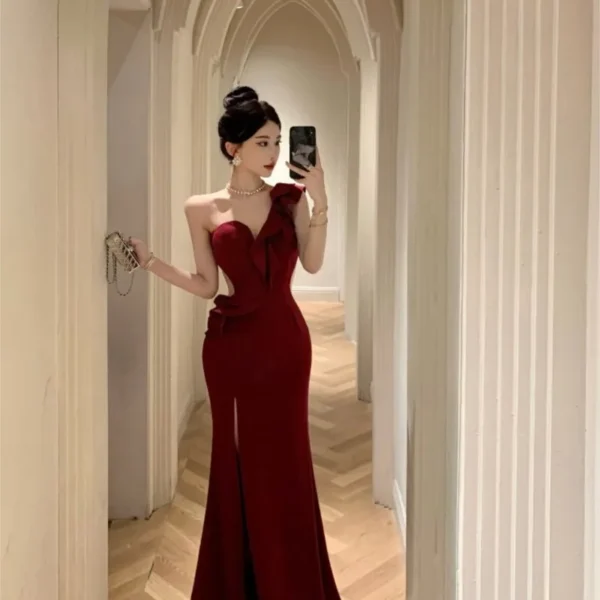 Black Hepburn dress Feminine birthday party slim slit long - Image 2