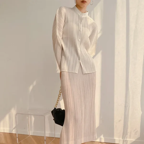 Miyake Pleated Single-breasted Shirt 2025 Summer New High-end Pleated Retro Trend Stand-up Collar Thin Shirt - Image 3
