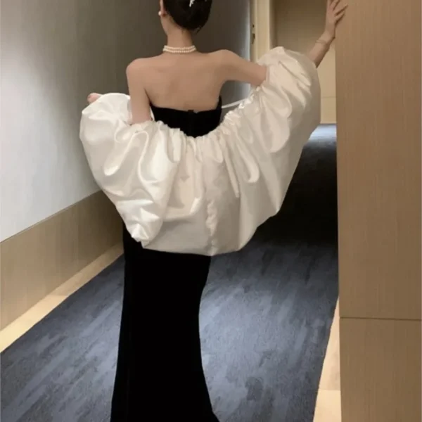 Hepburn style fishtail wrap buttocks with breast femininity line shoulder velvet dress - Image 5