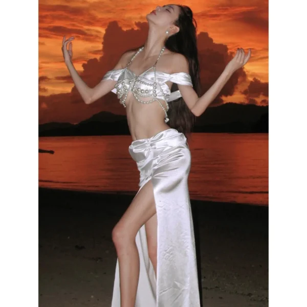 Satin Skirt Swimsuit Senior Sexy Gathering Small Chest Steel Bracket Bikini Hot Spring Beach Vacation Lady - Image 3