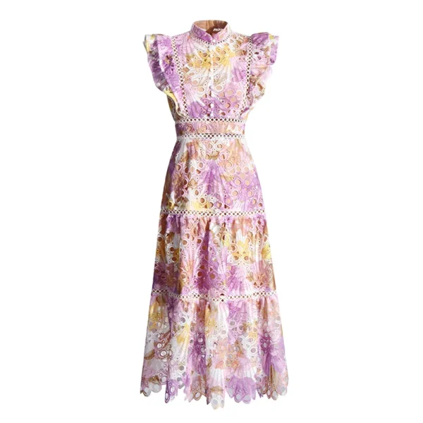 Elegant French Long Skirt 2025 New Style Stand-up Collar Lace Sleeveless Hollow Embroidery Hook Flower Dress for Women - Image 5