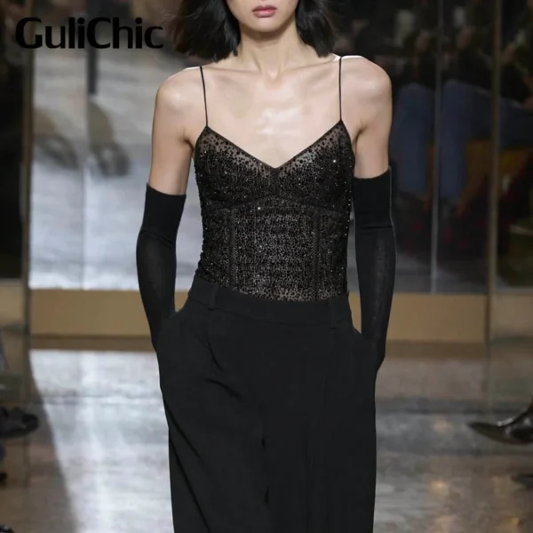 2.26 GuliChic Woman Clothing y2kh Sheer Mesh Crystal Bling Bling Diamonds Design Suspender Tank Top Women 2025 Fashion New