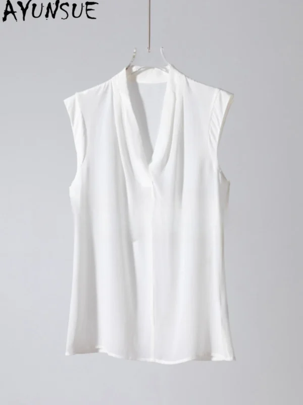 Natural Mulberry Silk T Shirts Woman Fashion V-Neck Sleeveless Summer Tops for Woman Clothing Loose Comfort Top Femme 2025 New - Image 2