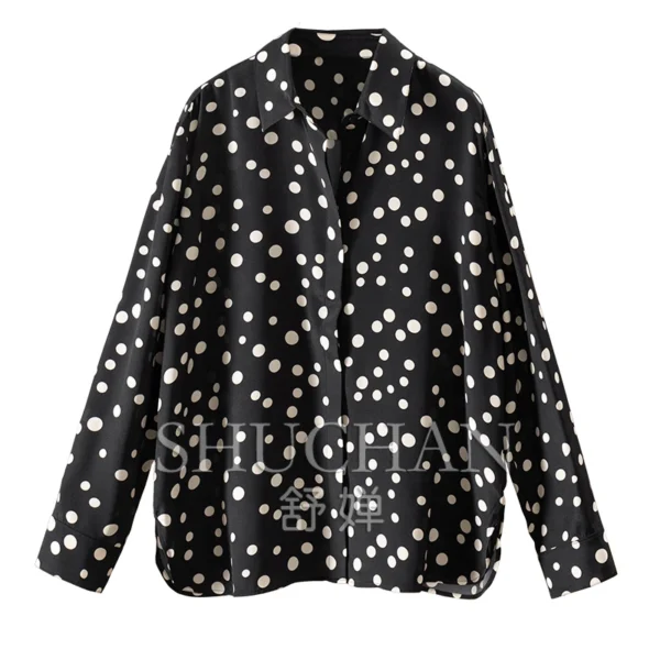 2025 Early Spring, Vintage Polka Dots, Natural Silk Silk Loose Long Sleeve Shirt Women Blouses for Women Fashion
