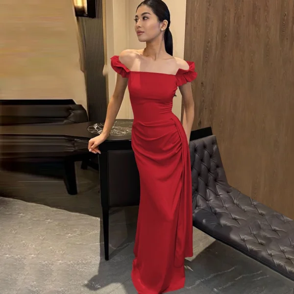 Lygens Square Collar Ruched Solid Elegant Evening Party Porn Women'S Dresses Fashion Prom Ladies Gown Maxi Summer Clothes