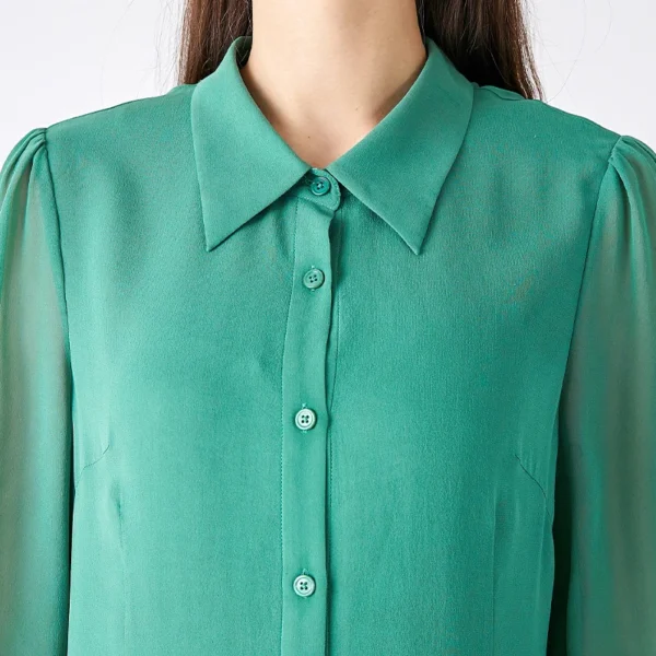 100% Mulberry Silk Georgette Green Shirt Long Sleeve Casual Tops Single Breasted Straight Office Ladies Silk Blouse BE1360 - Image 3
