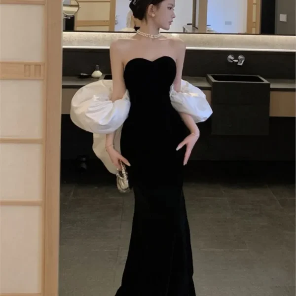 Hepburn style fishtail wrap buttocks with breast femininity line shoulder velvet dress - Image 4