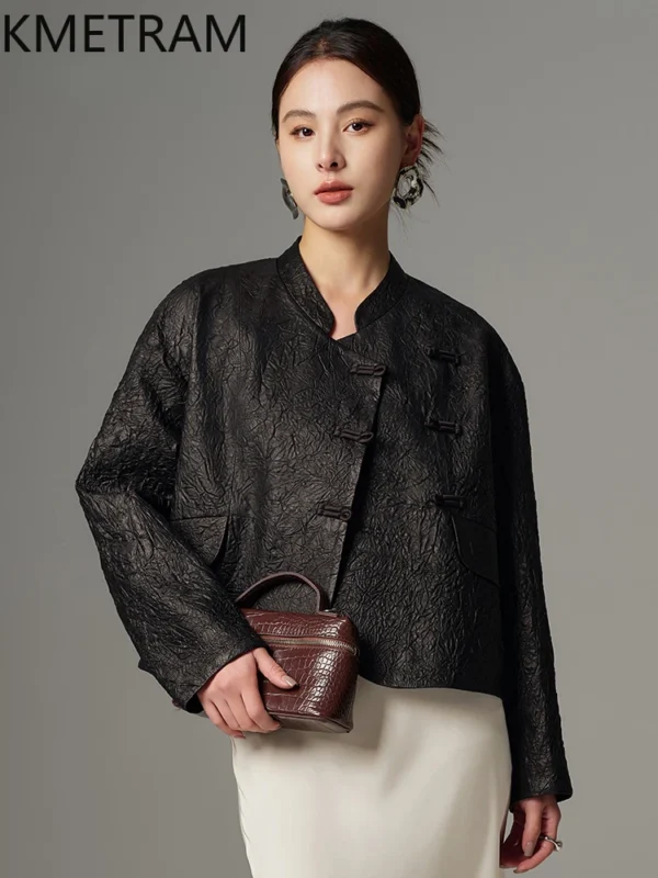 100% First Layer Sheepskin Jacket Women Genuine Leather Short Jackets Handmade Wrinkled Coat 2025 Spring Women Clothing кожанка - Image 3