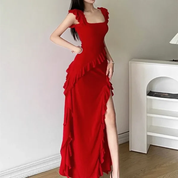 Feminine Flounced Stitching Square Collar Dress Female Temperament Slit Slimming Midi - Image 4