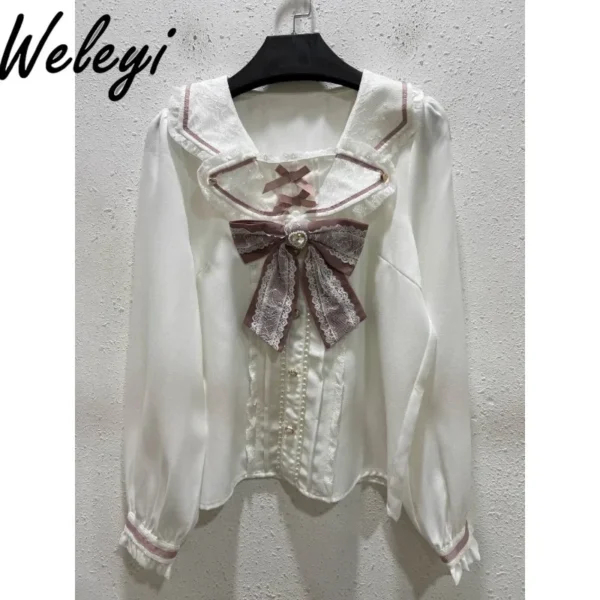 Sweet Camisas De Mujer Fashion Autumn Clothing Mine Long Sleeves Koszule I Bluzki Tops Cute Navy Collar Bow Lace Vintage Poleras - Image 5
