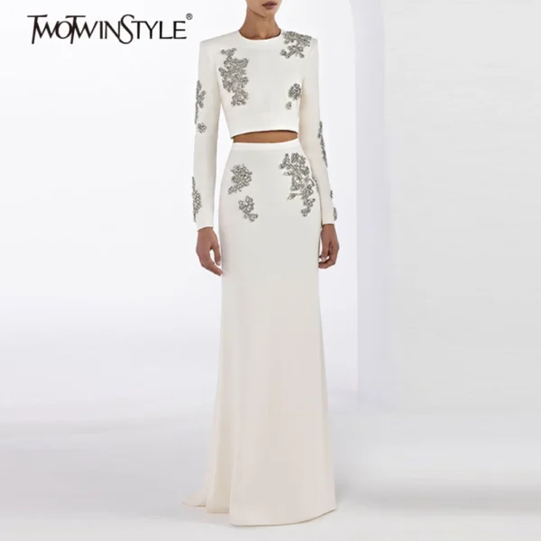 TWOTWINSTYLE Solid Fashion Two Piece Sets for Women Round Neck Long Sleeves Patchwork Bead Top High Waist Skirt Female Clothing
