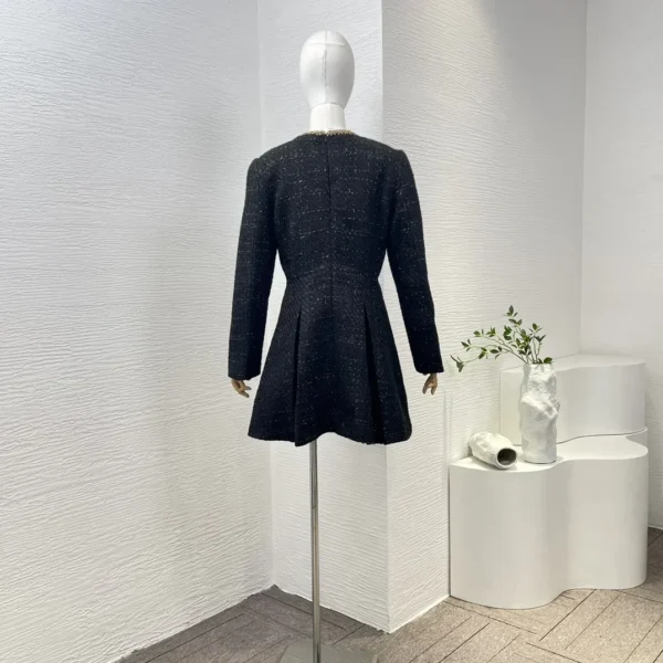 Black 2024 New Women Fashion Clothing Chic Buttons Long Sleeve Round Neck Tweed Mini Dress Top Quality Elegant - Image 2