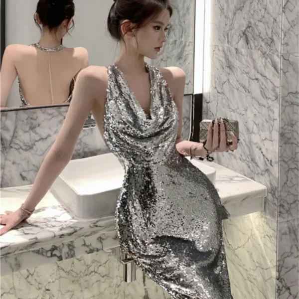 Hepburn style silvery sequined femininity halter dress