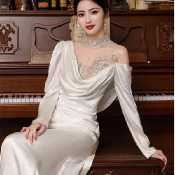 Satin simple feminine sense light long-sleeved temperament fish tail slimming welcome dress - Image 2