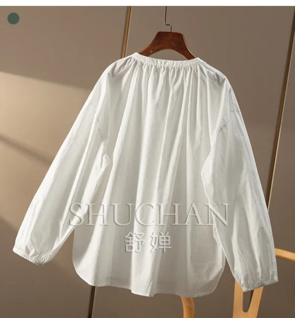 Retro Simple Loose 100% Cotton Small V-Neck Shirt Women's 00B9 Blusas Mujer De Moda 20225 Blouse Women - Image 5