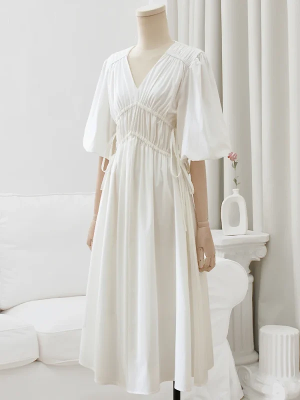 Women's Puff Sleeve Knee-Length Dress, Elegant Female Clothing, White, Slim, Solid, Top Quality, Fashion Design, Summer, 2025 - Image 2