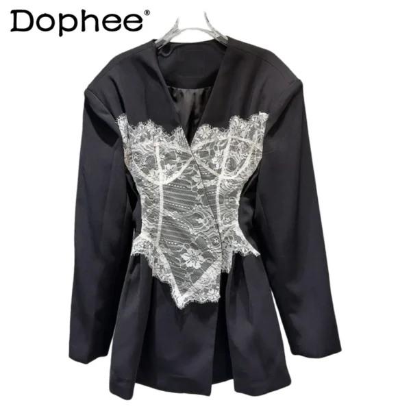 2025 Spring New Fashion V-Neck Bikini Lace Chain Pattern Splicing High Waist Suit Jacket Long Sleeve Black Jackets for Women