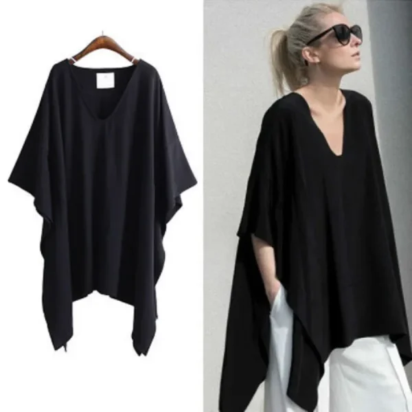 Summer 2025 Fashion Chic V-neck Irregular Black T-shirts Casual Loose Women's Clothing Batwing Sleeve Oversized 5XL Tops Female - Image 3